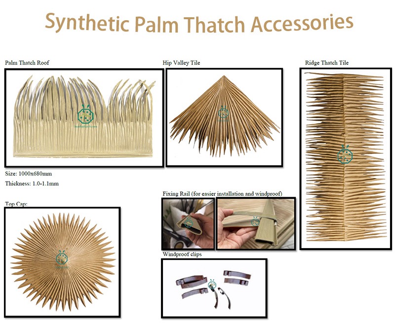 Ridge thatch roof, Hip valley thatch and Top cape tile for palm thatch roof installation