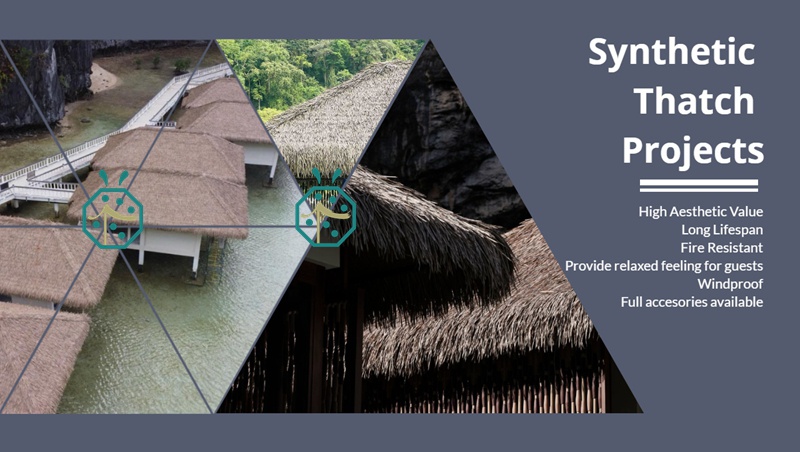 Modern buildings with synthetic thatch roof covering