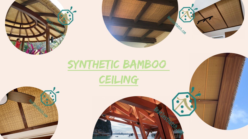 Plastic bamboo skin woven panel used for the wall and ceiling design of tiki hut restaurant