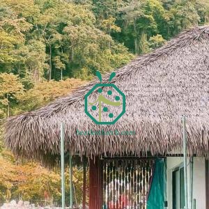 水上バンガローの屋根の交換 人工カジャン屋根葺き