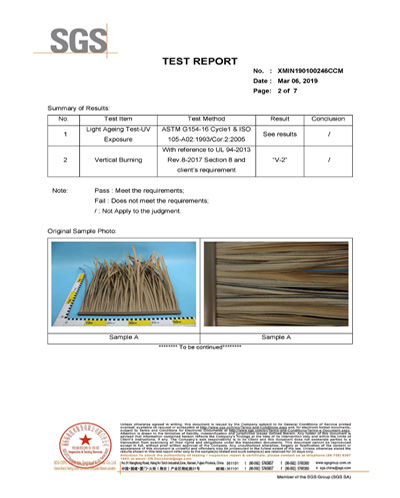 合成茅葺き屋根UVおよび燃焼試験SGS証明書