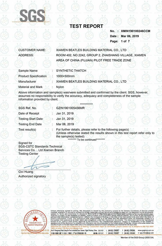 UL 94-2013 Fire Rated Test and ASTM G154-16 UV Exposure Test For Synthetic Thatch Roofing