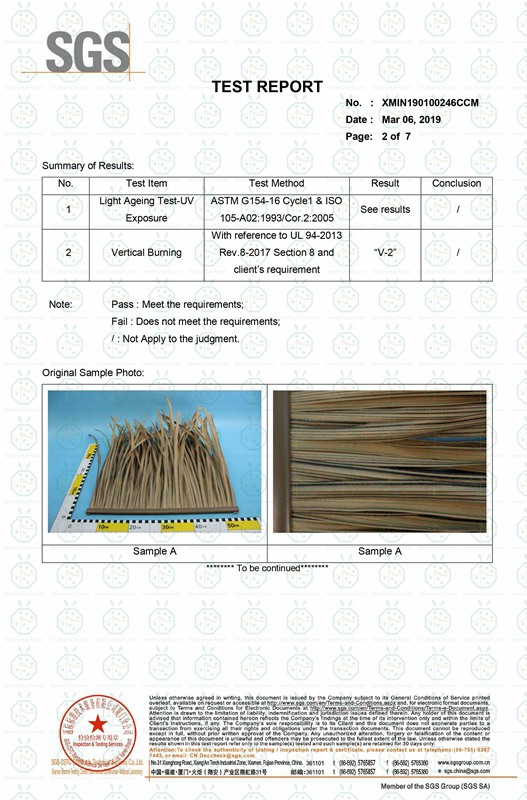 UV Ray Resistant and Fire Rated Test Certificate for Artificial Reed Thatch Roof